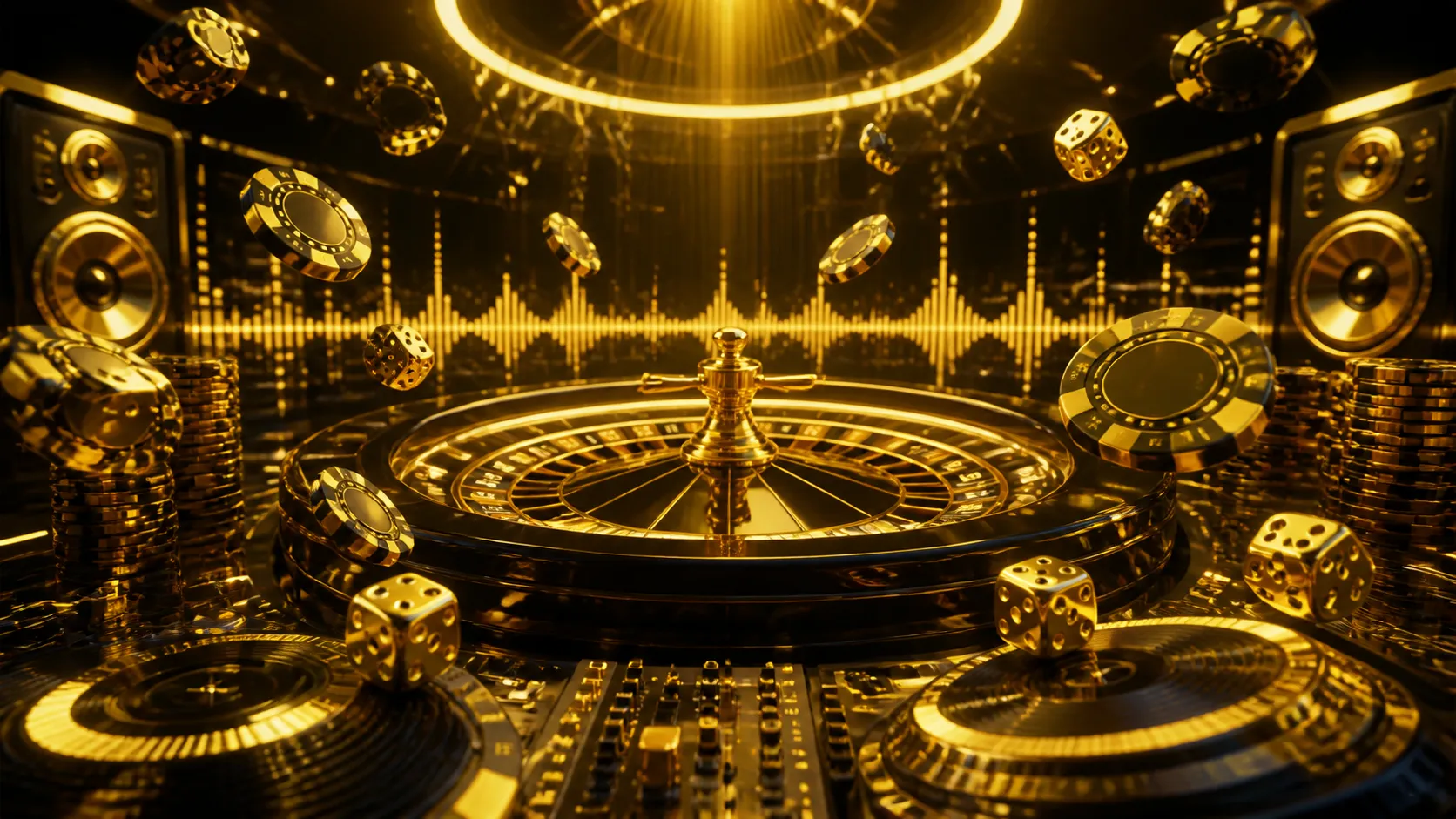Luxury casino hero banner with poker chips, glowing neon dice, and slot machine reels in a glossy 3D render style.